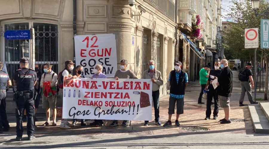 Miembros de la plataforma 'Iruña-Veleia argitzearen aldeko gose grebalariak' protestan frente al Parlamento vasco